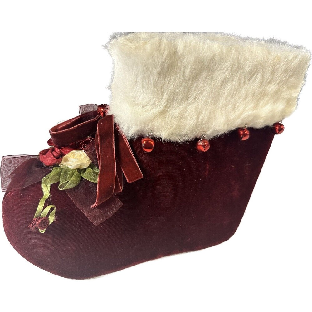 Vintage Burgundy Velvet Santa Boot w Bells & Flowers Christmas Candy Container